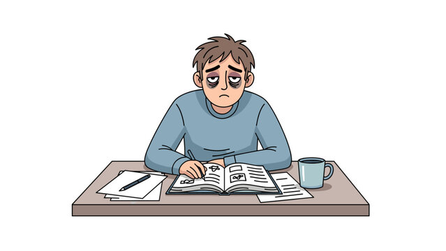 Exhausted student studying at desk with books and coffee in cartoon style