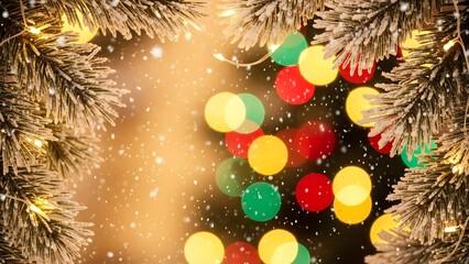 Festive christmas tree bokeh background with snowy branches