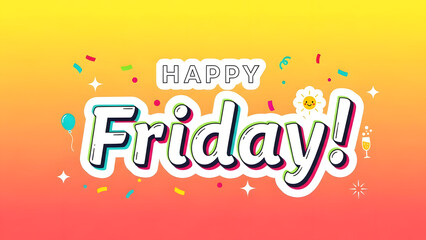 A cheerful graphic with "HAPPY Friday!" text, confetti, and celebratory icons on a vibrant yellow to red gradient background, perfect for weekend greetings.