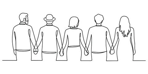 Five diverse people holding hands in a continuous line art drawing, symbolizing unity and support