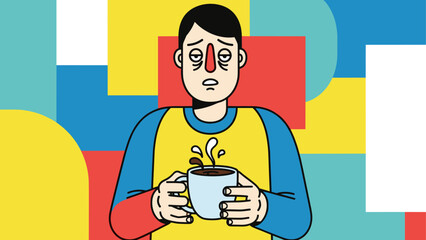 Tired cartoon character holding coffee cup against colorful abstract background