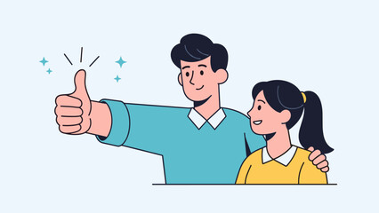 Happy couple with thumbs up gesture in minimalist cartoon style