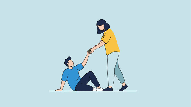 Person helping another stand up on pale blue background in minimalist style