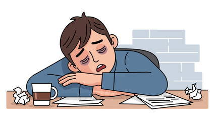 Exhausted man sleeping at desk with coffee and papers amidst creative block
