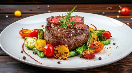 Juicy grilled steak with vibrant vegetables and herbs on a plate