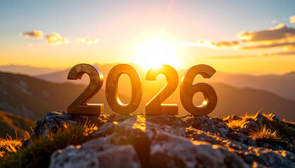 Golden Horizon of 2026: The year 2026 boldly etched against a breathtaking sunrise over majestic mountain peaks, symbolizing new beginnings, ambition and aspiration