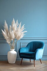 Naklejka premium Elegant interior teal armchair and pampas grass against a blue wall