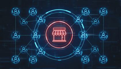 Fototapeta premium A visually captivating network, with an inviting storefront at its core, symbolizes interconnectedness and community. representing the modern landscape of commerce and social engagement.