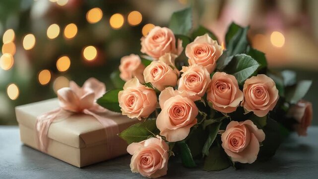 Gift box and bouquet with roses on pink background. Festive banner for birthday, Mother's day, Women's day, March 8,Easter. Flat lay. Top view. Copy space. Mock up