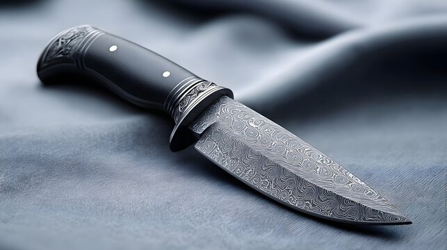 Exquisite Damascus steel blade knife featuring a dark ornate handle with polished metal accents presented on a luxurious flowing textile surface with dramatic lighting