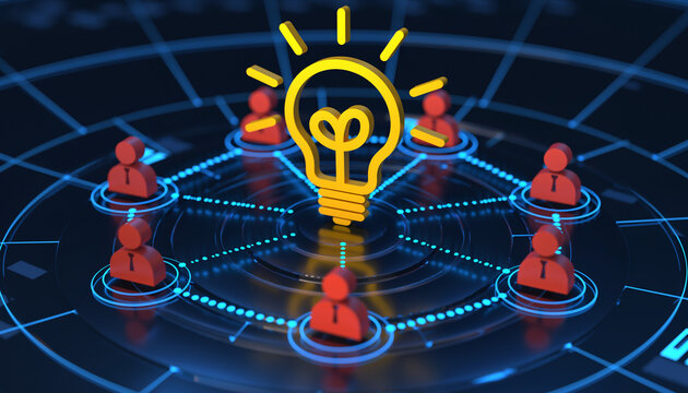 Illuminating Ideas: A network of individuals connected to a central idea, depicted by a glowing lightbulb, sparking innovation and collaboration in a high-tech setting.
