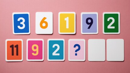 Colorful number cards on pink background for educational or playful learning activity, Brain Teaser Month