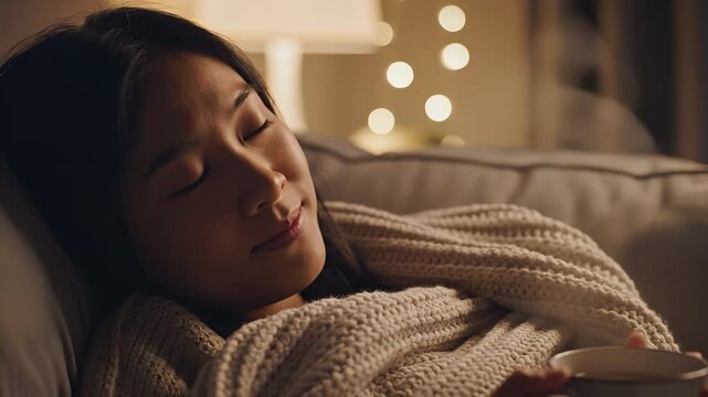 Young Asian woman sleeping peacefully on a cozy sofa, wrapped in a warm knitted blanket, holding a mug for a self-care and relaxation concept at home - Powered by Adobe