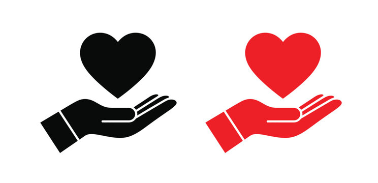 Vector icon of cupped hands holding a heart, symbolizing care, giving, health, and love.