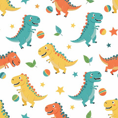 Naklejka premium colorful dinosaurs with balls and stars seamless pattern