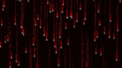 Digital letters and symbols rain down in dark background creating a unique visual effect in this animated scene - Powered by Adobe