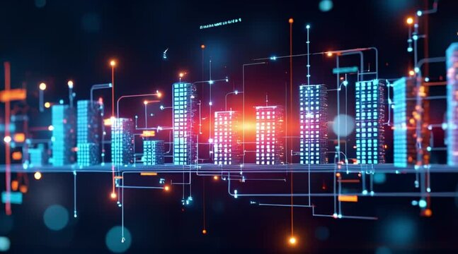 Smart city concept with digital skyscrapers connected by glowing data lines and network infrastructure representing modern technology and communication.