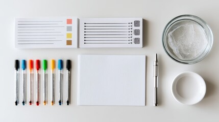 Modern office supplies with colorful pens and organized stationery layout for creative projects