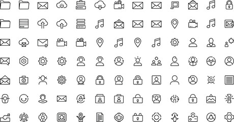 Web and communication thin line icons set featuring email, cloud storage, users, security, media, settings, files, and modern digital interface symbols