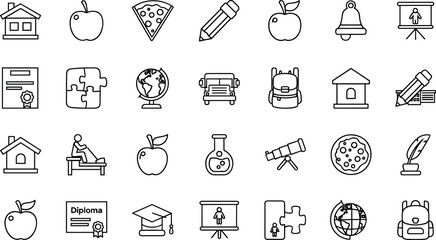 Education and learning thin line icons set featuring school, classroom, food, science, geography, study tools, certificates, and academic outline symbols