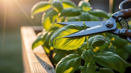 Pruning basil plant with scissors outdoors.