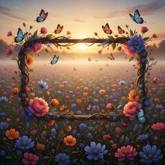 Colorful flower frame with butterflies in a serene meadow at sunset  