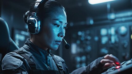 Focused Asian Woman in High-Tech Control Room.