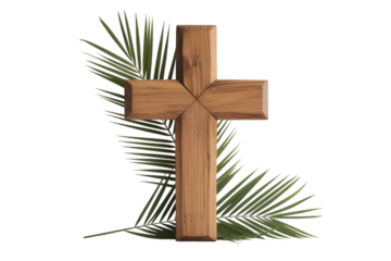 A wooden cross with palm leaves on a black background symbolizing faith and spirituality