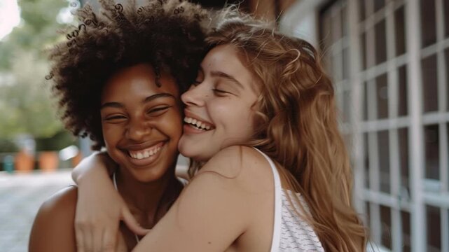 Best friends. Hug between two multi-ethnic teenage friends.