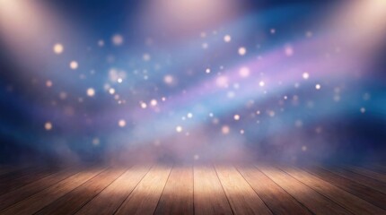 Stage with Wooden Floor and Blue Purple Bokeh Lights and Smoke