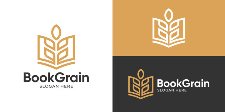 Creative simple book grain logo template. Book with wheat grain logo design vector illustration.
