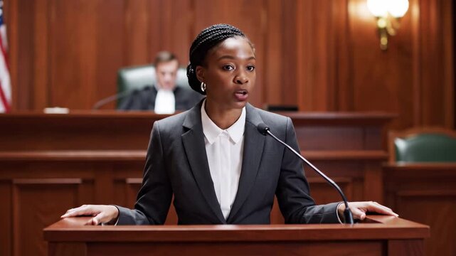 Female lawyer speaking in courtroom during trial.