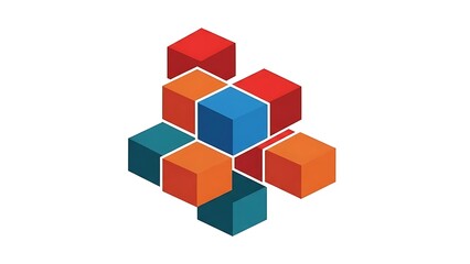Obraz premium Dynamic arrangement of vibrant colorful isometric 3D cubes forming an abstract geometric structure, symbolizing connection, data, and modern technology.