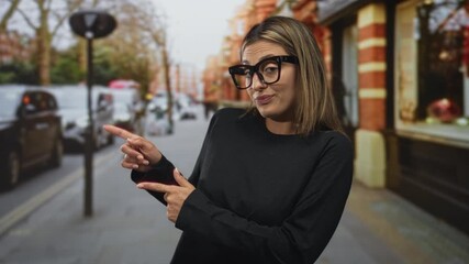 Woman points index fingers to left on city street while wearing oversized glasses and black long sleeve top; playful doubt.