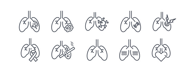 Lung health icons depicting respiratory conditions like asthma, bronchitis, and COPD. Editable outline pictograms for medical screening and pulmonary function design.