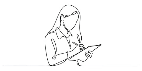 Continuous line drawing of a focused woman writing notes on a clipboard © Bilas
