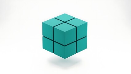 Abstract teal cube formed by smaller square blocks, symbolizing concepts of structure, construction, and strategy on white.