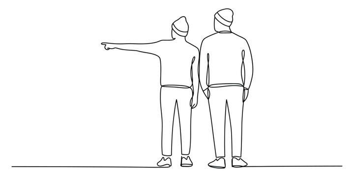 One person points the way, guiding their companion in a simple line art illustration