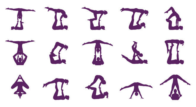 Collection of purple silhouettes illustrating various acro yoga poses, showcasing balance, strength, and partnership between two people.