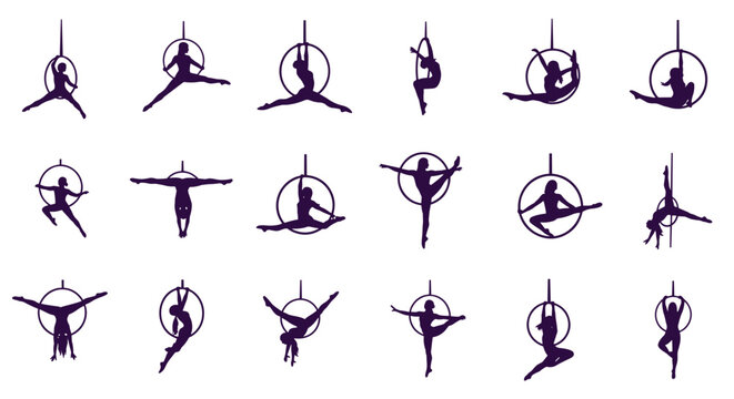 Elegant collection of purple silhouettes showing a female aerialist performing various graceful poses on an aerial hoop or lyra.
