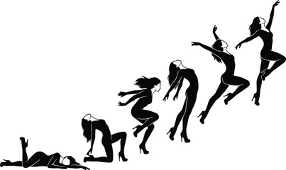 Female silhouette transformation, dynamic poses, empowerment journey, artistic ascension, freedom, growth, resilience, creativity, success, inspiration, progress, liberation, evolution, 