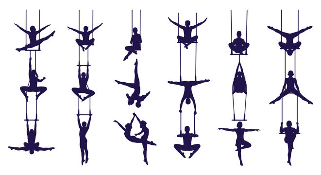 Collection of dark purple silhouettes showing circus performers on a static trapeze, including solo and duo acrobatic poses.