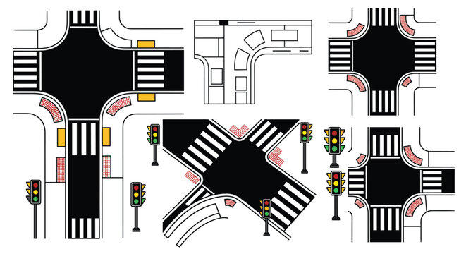 Top-down view set of various road intersections with crosswalks, traffic lights, and street markings, including a layout plan.