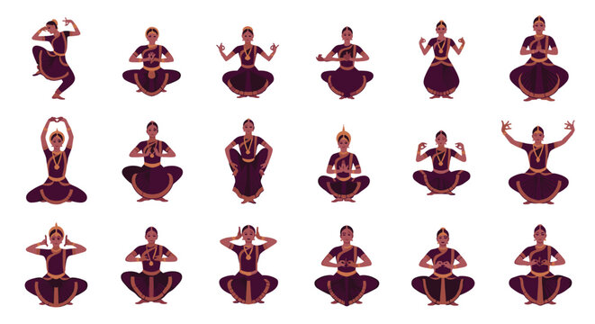 Set of a traditional Indian dancer in various classical dance poses, showcasing intricate hand gestures (mudras) and seated postures.
