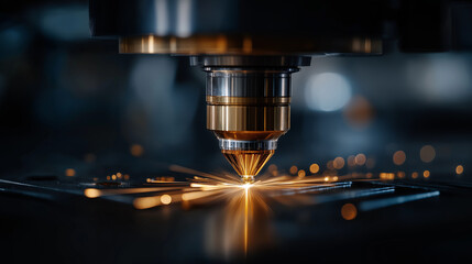 Precision Cutting: Close-up of a high-tech laser cutting machine in action, emitting intense light and creating sparks as it precisely cuts through metal, symbolizing innovation.
