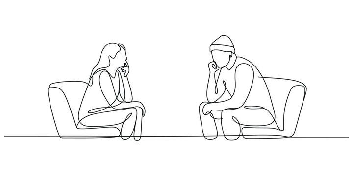 Continuous line art of a man and woman engaging in deep thought or conversation during a therapy session