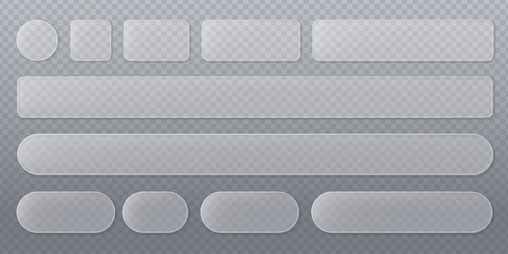 Set of transparent frosted glass shapes in a liquid glass style. Realistic glass morphism effect for ui, ux design, application, and web. Liquid glass style gradient background. Vector illustration.