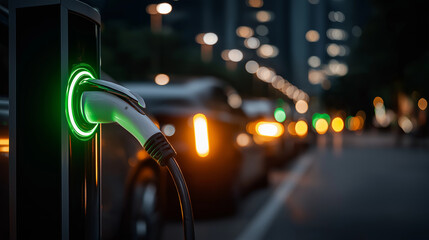 Electrifying Future: An electric vehicle charging station glows with an electric green light, its cable poised to power an electric car.