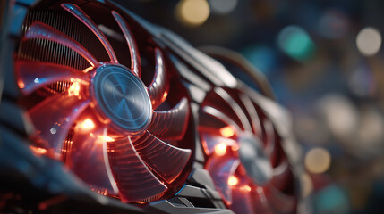 Gaming Graphics Card: Close-up of a powerful gaming graphics card, showcasing its intricate design with vibrant red lighting and the cooling fans, and the technological marvel of modern engineering.