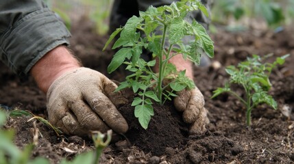 A gardener plants a young tomato seedling in rich soil, showcasing the nurturing process of growing vegetables.